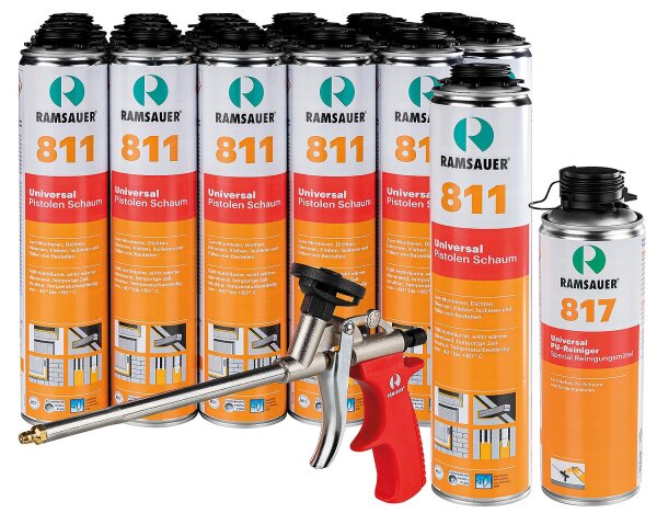 Pistolenschaum-Set RAMSAUER Deutschland: 24x PU-Schaum 811 + 1x Schaumpistole + 1x PU-Reiniger