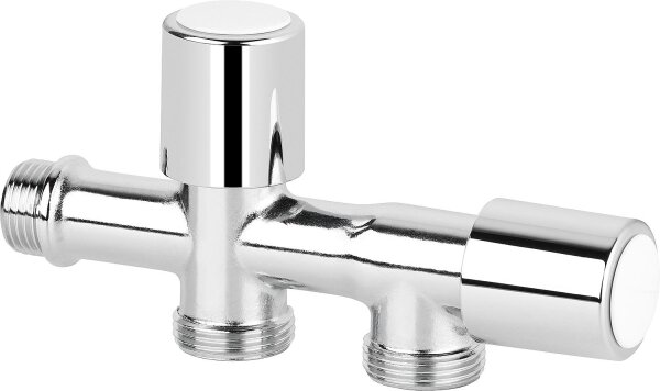 Doppel Waschmaschinenhahn verchromt, 2 Zapfstellen 1/2"AG x 3/4"AG x 3/4"AG