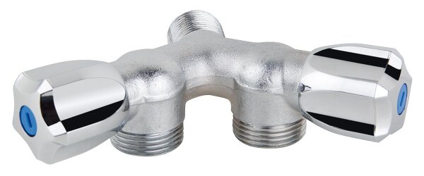 Doppel Y-Waschmaschinenhahn verchr.,sandgestr., 2 Zapfstellen 3/4"AG x 1/2"AG x 3/4"AG