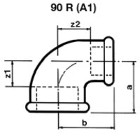 Tempergussfitting verzinkt Nr.90R Winkel red. I/I  90° Ø 1 1/2" x 1 1/4"