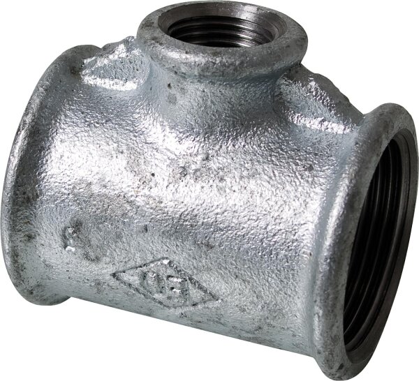 Tempergussfitting verzinkt Nr. 130, T-Stück reduziert, Ø 1" x 1" x 3/8"