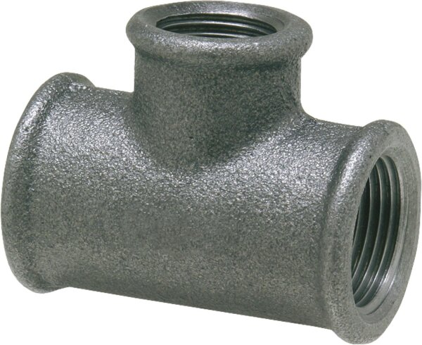 Tempergussfitting, schwarz T-Stück 90°, 11/2" x 1" Typ 130, reduziert (IG)