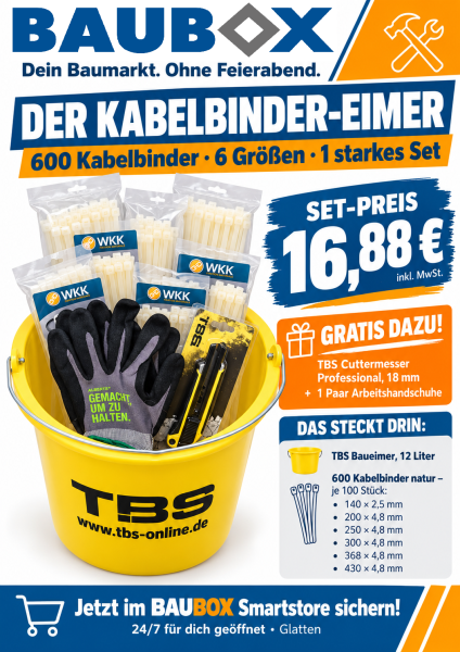 BAUBOX Kabelbinder-Eimer – 600 Kabelbinder in 6 Größen inkl. 12-Liter-Baueimer + gratis Cuttermesser & Arbeitshandschuhe