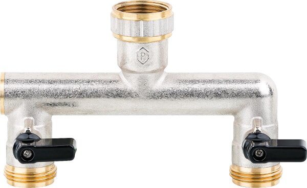 Absperrhahn 2-fach ÜWM DN25(1") x AG DN25(1") Messing vernickelt