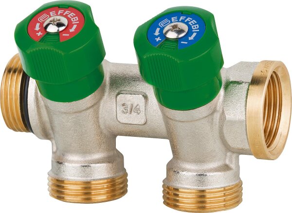 Trinkwasserverteiler 2-fach DN 20 (3/4"), PN16, absperrbar DVGW geprüft, Messing