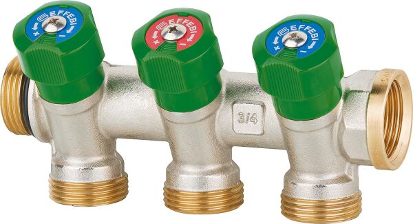 Trinkwasserverteiler 3-fach DN 20 (3/4"), PN16, absperrbar DVGW geprüft, Messing
