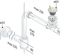 Waschtisch Tassen-RaumsparsiphonØ32mm, inkl Klickerventil mit waagrechtem Abgang