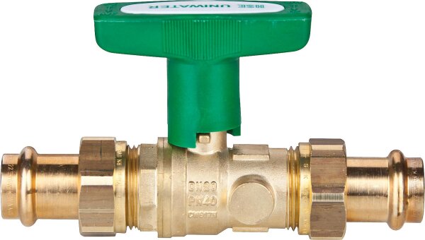 System-Kugelhahn UNIWATER, 2 x Viega-Profipress-Verschraubungen, ISO T-Griff grün,DN 25, 28x28mm