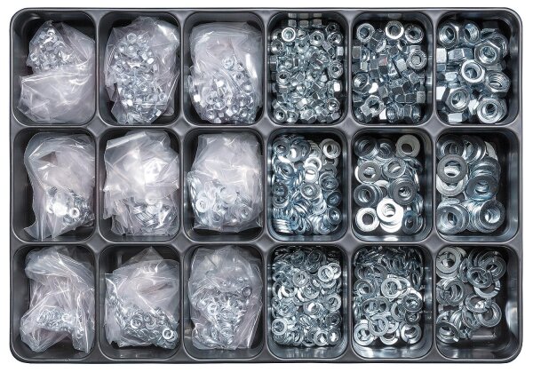 Sortimentenkoffer bestückt: Muttern DIN 934 / U-Scheiben DIN 125 Federringe DIN 127 /Galvanisch verzinkt