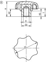 Sterngriff Kipp mit Innengewinde M 16 vorstehende Stahlbuchse,Form K