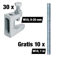 Vorteilspaket Trägerklammer M10, Spannbereich 0-20 mm, 30 Stück + Gratis Gewindestangen M10, 1 m, 10 Stück