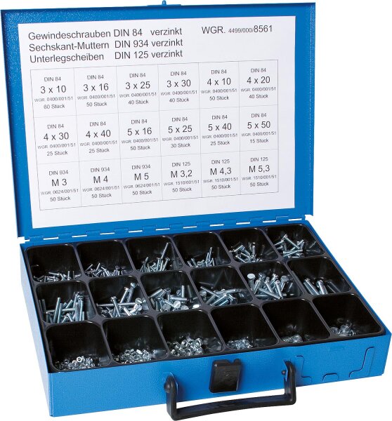 Sortimentenkoffer bestückt: Gewindeschrauben DIN 84 / Muttern DIN 934 / U-Scheiben DIN 125