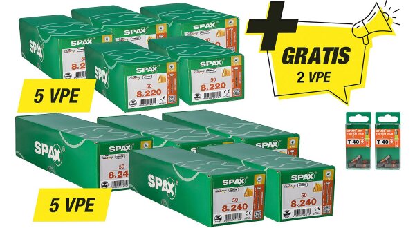 Spax Aktionsset Tellerkopfschraube - bestehend aus: 5 x 94 094 07 + 5 x 94 094 08 + (2 x 94 029 16 gratis)