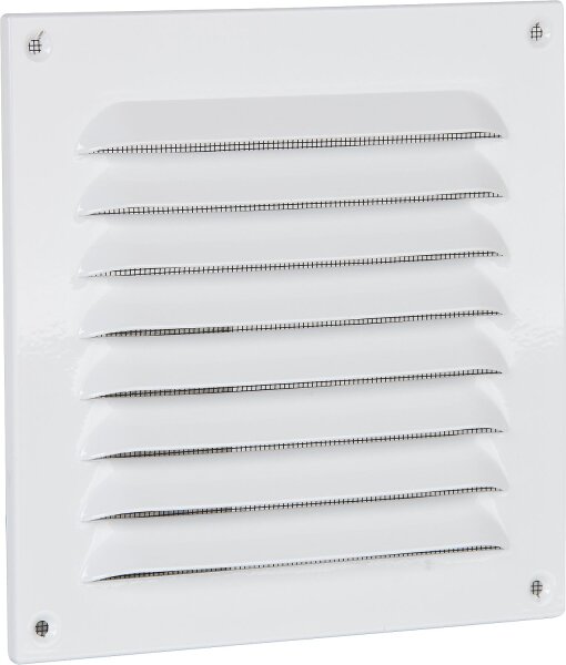 Wetterschutzgitter,Alu weiß 150x150 mm mit Insektenschutz Schrauben und Dübeln