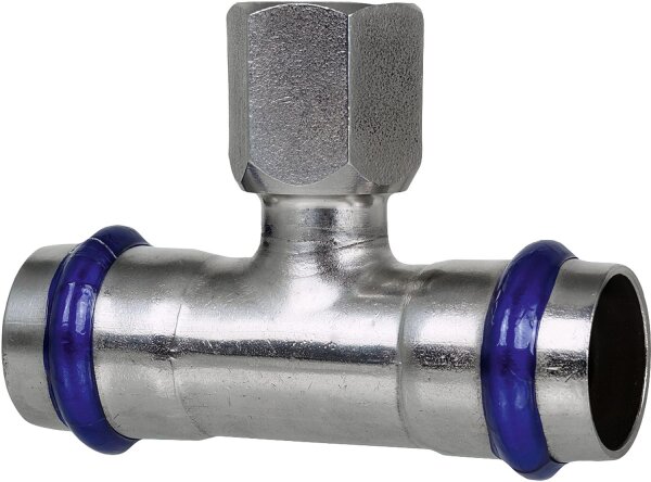Edelstahl Pressfitting V-Kontur T-Stück mit IG 28mm x DN 15 (1/2") x 28mm