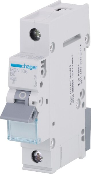Leitungsschutzschalter Hager, B6A 1p, 6kA, MBN106