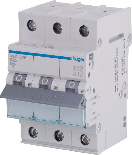 Leitungsschutzschalter Hager, B25A 3p, 6kA, MBN325