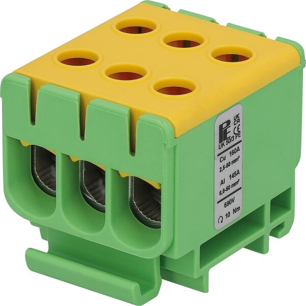 Universalklemme UK 50/3 PE, 3-fach, grün-gelb, 2,5-50mm²/2,5-50mm²